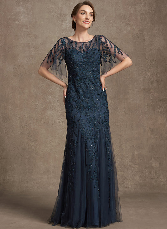 Trumpet/Mermaid Mother Adrienne Neck Lace Scoop the Bride Sequins Tulle of Mother of the Bride Dresses With Floor-Length Dress