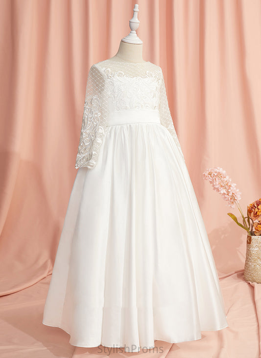 Satin Lace/V Flower Back Kamila Ball-Gown/Princess Girl - Dress Sleeves Floor-length With Neck Scoop Flower Girl Dresses Long