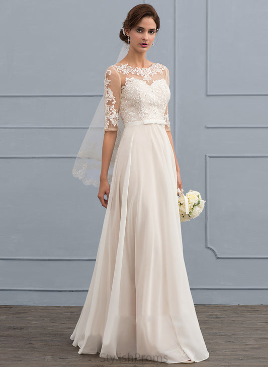 Wedding Lyric Chiffon Wedding Dresses Sequins Illusion Bow(s) Lace A-Line Floor-Length Beading Dress With