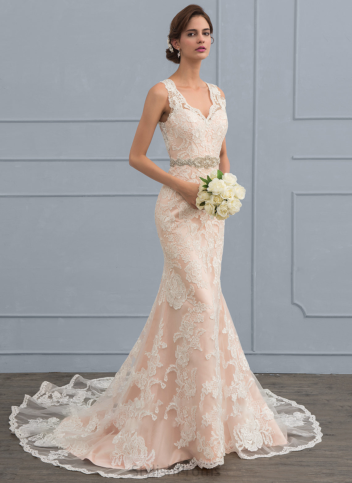 With Wedding Dresses Wedding Dress Train Beading V-neck Trumpet/Mermaid Tulle Chapel Lace Finley