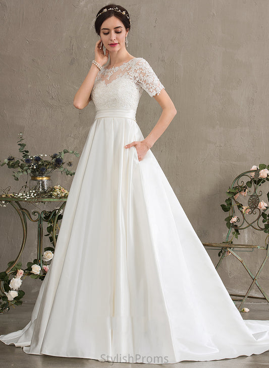 Beading Court Wedding Dresses Kiera Lace Wedding Sequins Train Pockets Satin With Dress Ball-Gown/Princess