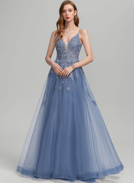 A-Line Floor-Length Prom Dresses V-neck Nora Lace Tulle With Sequins