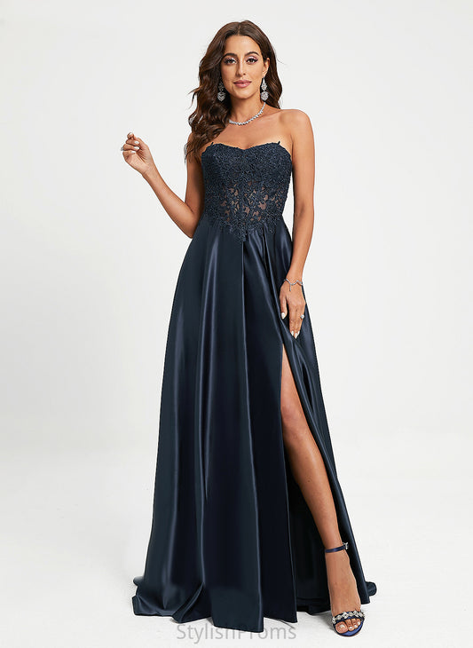 Satin A-Line Sweetheart Train Sweep Kamila Lace Prom Dresses