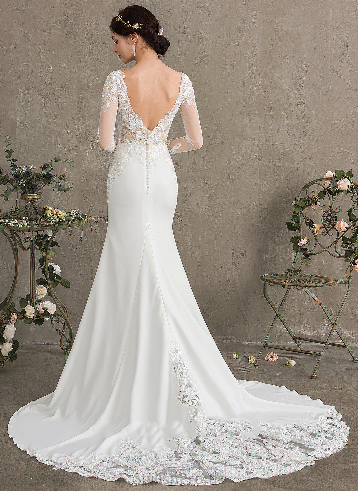 With Neck Lace Sequins Dress Beading Stretch Lindsey Wedding Dresses Scoop Chapel Wedding Trumpet/Mermaid Crepe Train