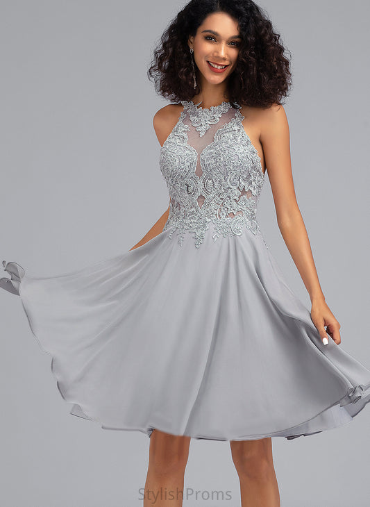 Knee-Length Chiffon Lucy Sequins With Scoop A-Line Lace Prom Dresses