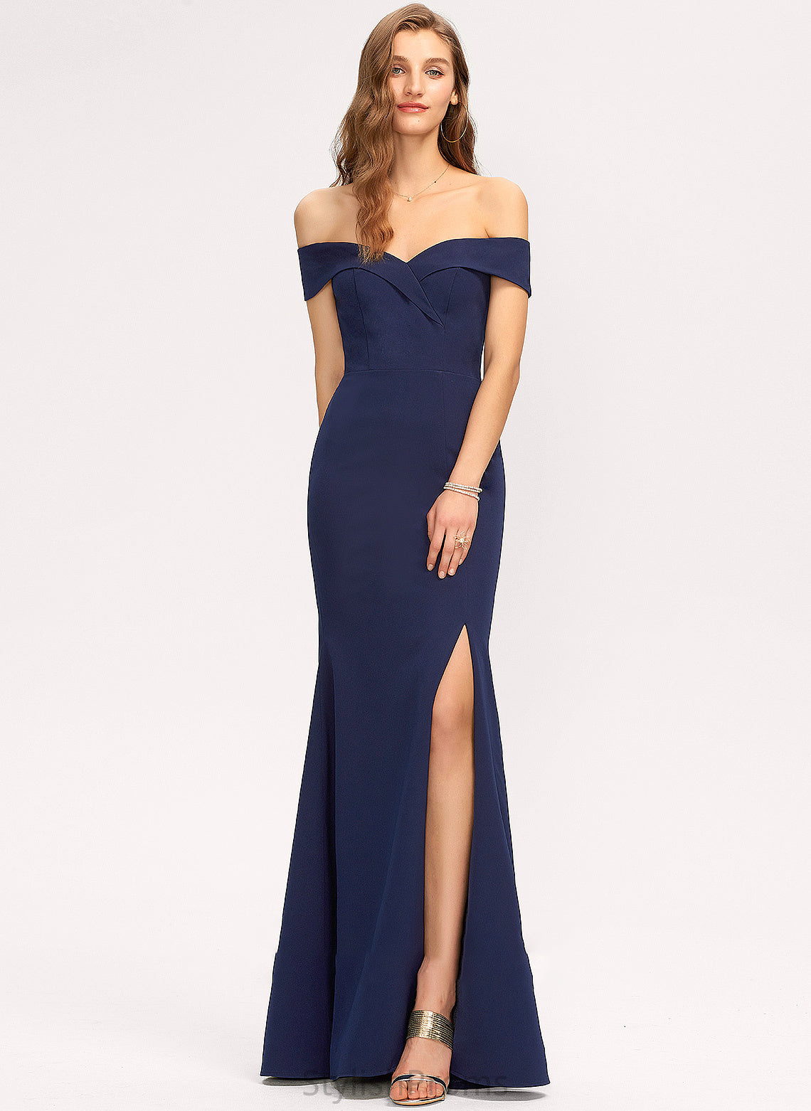 SplitFront Length Trumpet/Mermaid Off-the-Shoulder Floor-Length Embellishment Silhouette Neckline Fabric Jamiya Natural Waist V-Neck Bridesmaid Dresses