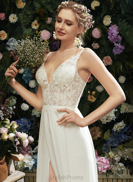 A-Line Chiffon Camille Wedding Lace V-neck Dress Floor-Length Wedding Dresses