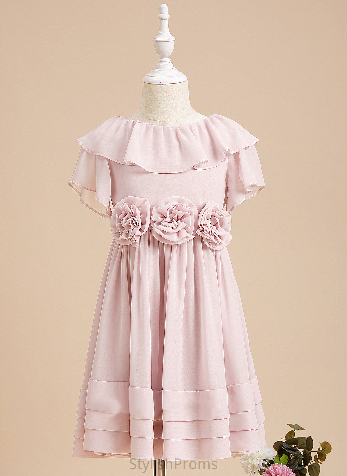 Scoop Back Neck Flower Ruffles/Flower(s)/V Short With Sleeves Chiffon Girl Dress - Flower Girl Dresses Armani A-Line Knee-length