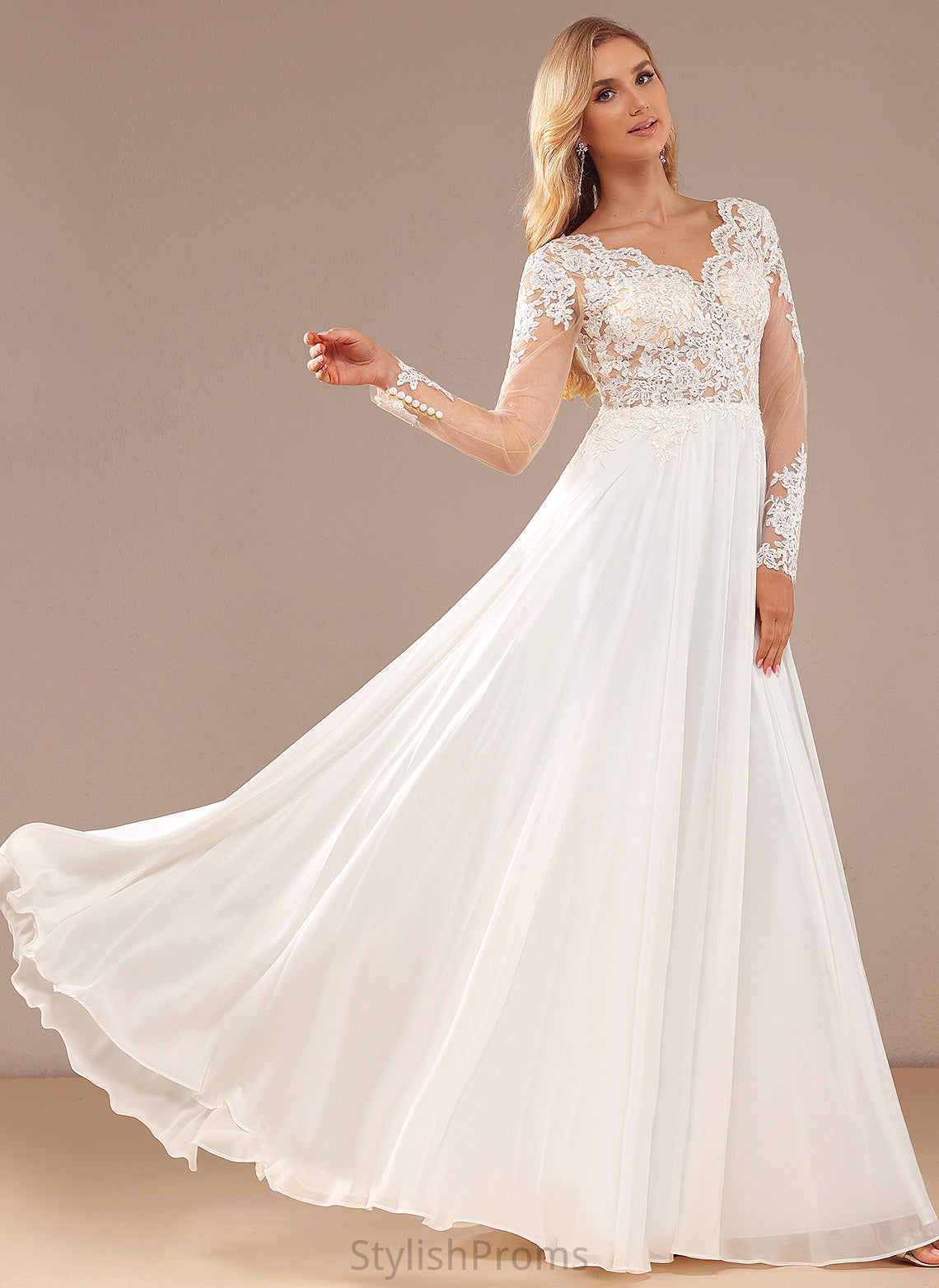 Floor-Length A-Line With Chiffon V-neck Dress Wedding Sequins Wedding Dresses Lace Peyton