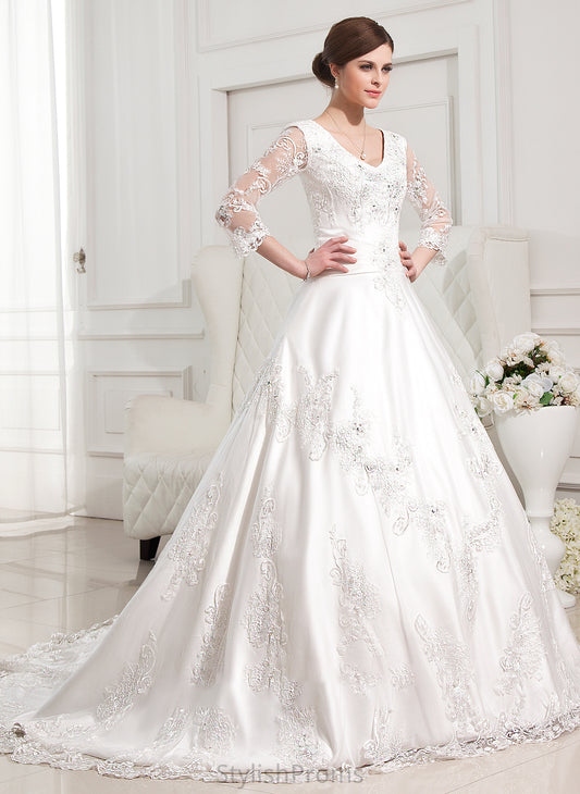 Ball-Gown/Princess Alyvia Appliques With Train Wedding Dresses Wedding Satin Dress V-neck Beading Chapel Lace