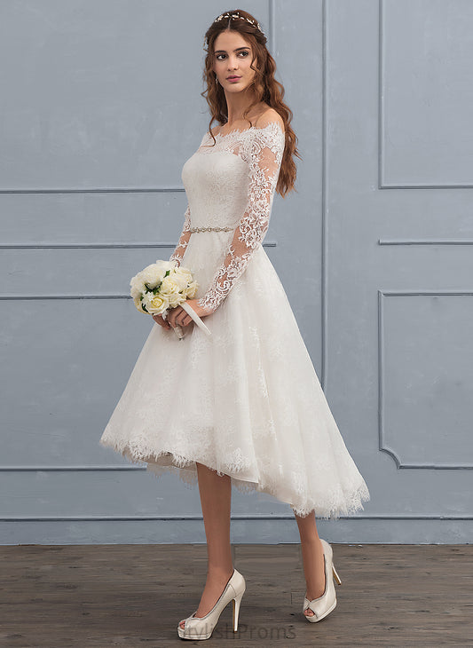 Off-the-Shoulder Asymmetrical Dress Lace A-Line Wedding Wedding Dresses Brielle With Beading