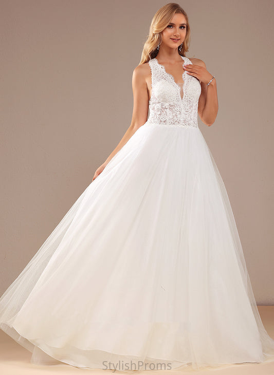 Train Lace Lesly Tulle Wedding Lace Dress V-neck With Sequins Ball-Gown/Princess Court Wedding Dresses