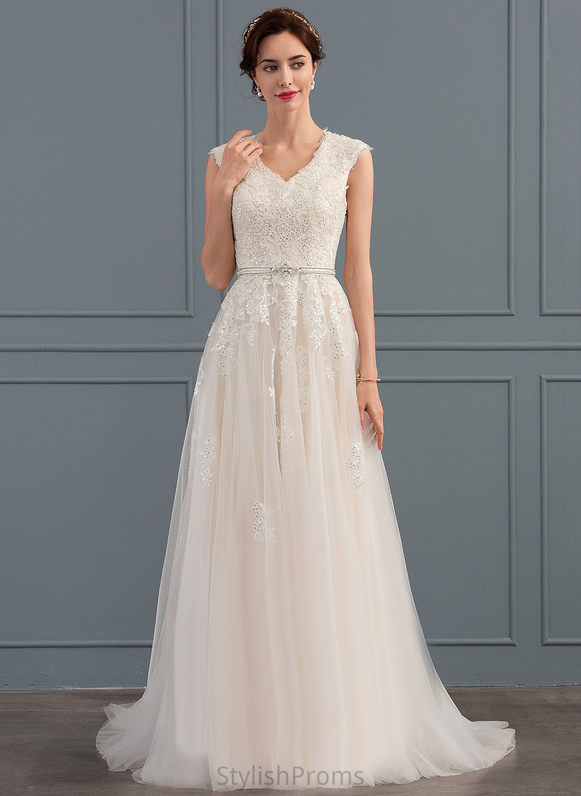 Tulle Dylan With Wedding Train Lace Sequins Wedding Dresses A-Line Dress V-neck Bow(s) Beading Sweep