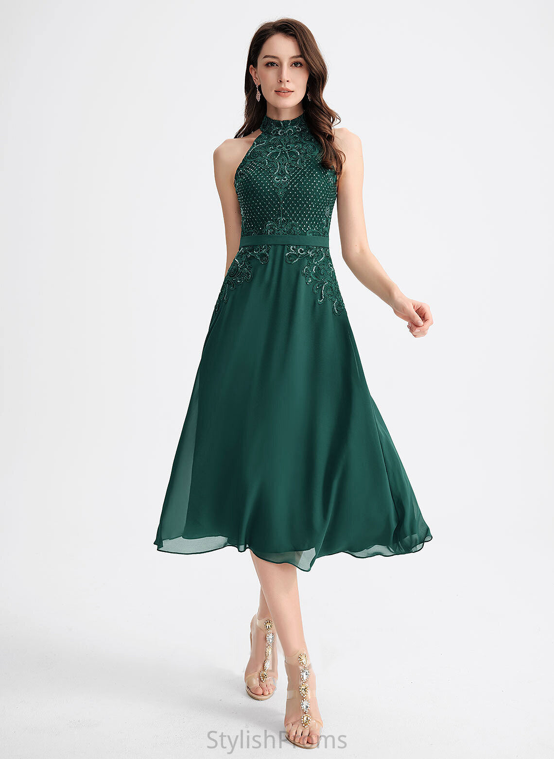 Dress Neck Sequins Cocktail Dresses With Chiffon A-Line Tea-Length Scoop Lace Itzel Cocktail