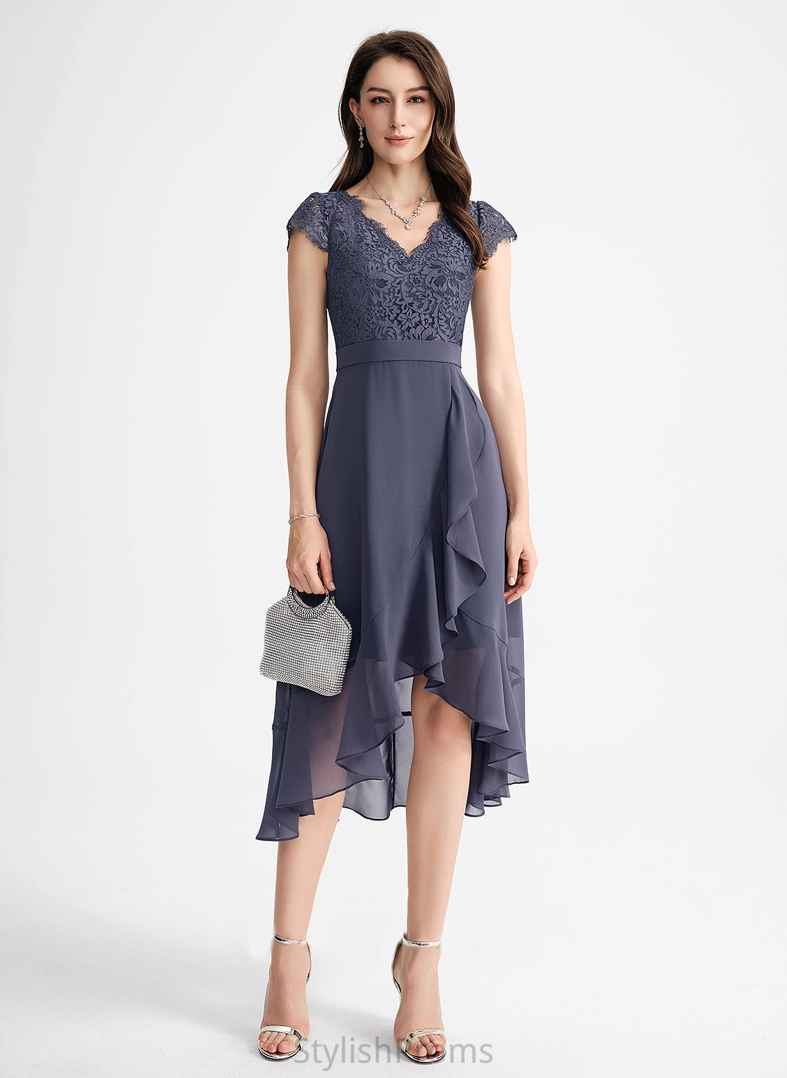 A-Line With Cascading Dress Lace Cocktail Dresses Asymmetrical Cocktail Makena Ruffles V-neck Chiffon