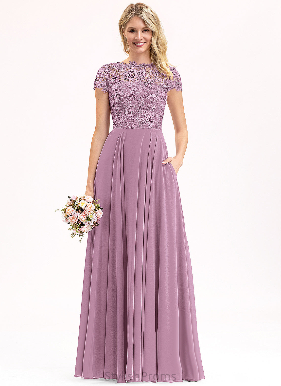 Scoop Neckline Length Silhouette A-Line Fabric Floor-Length Lace Straps&Sleeves Meredith Natural Waist V-Neck Bridesmaid Dresses