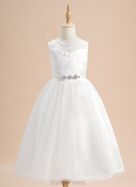 Flower Girl Dresses Sleeveless With Flower - Neck Tulle Heidi Scoop Beading Girl A-Line Dress Tea-length