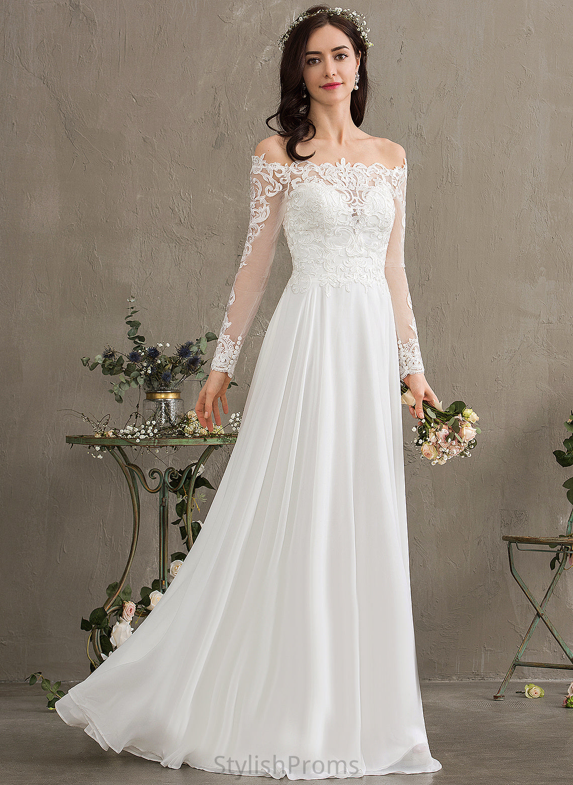 Off-the-Shoulder Karley Wedding Floor-Length Dress Wedding Dresses Lace A-Line Chiffon