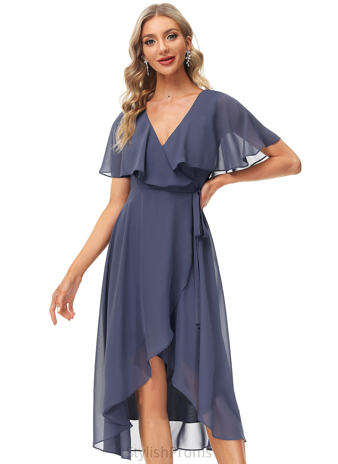 With Tea-Length Dress V-neck Cocktail Sash Cocktail Dresses A-Line Split Lizbeth Chiffon Front