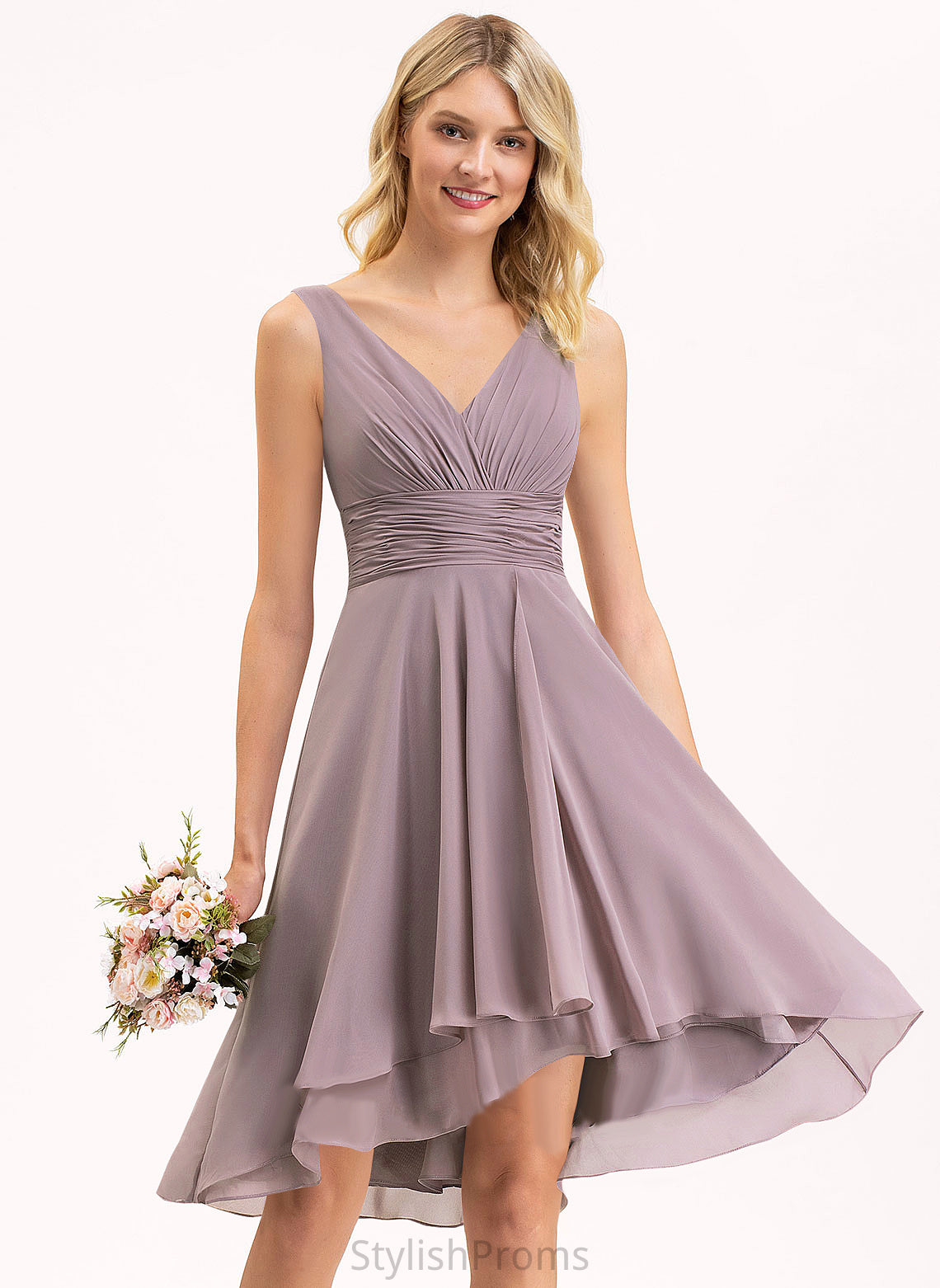 Chiffon Cocktail Cocktail Dresses Asymmetrical Ruffle Dress Anabel V-neck A-Line With