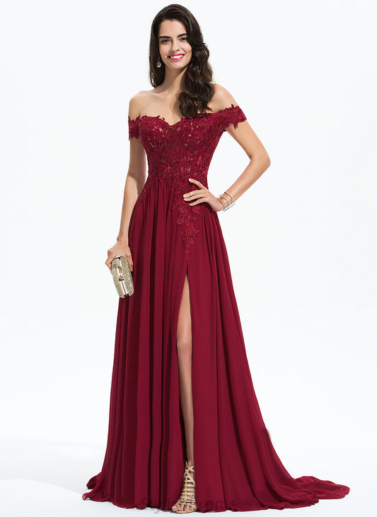 A-Line With Train Sweep Prom Dresses Off-the-Shoulder Sequins Lilyana Chiffon Lace