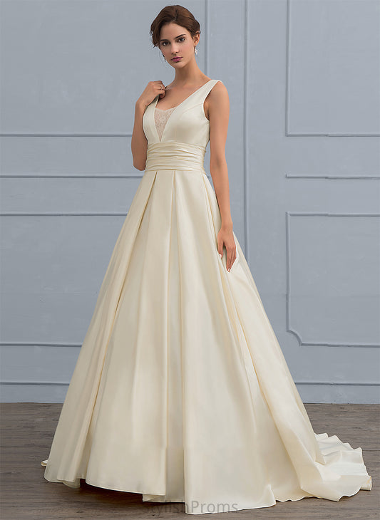 V-neck Lace Sweep Satin Dress Ball-Gown/Princess Wedding Dresses Train Undine Wedding With