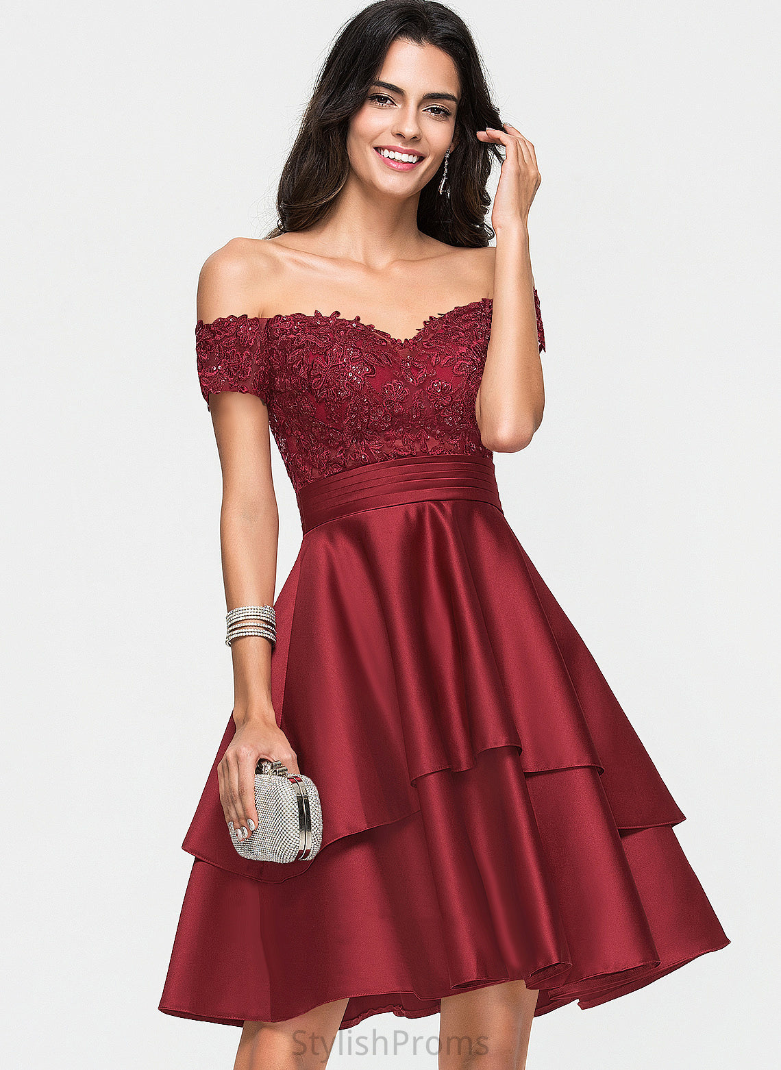 Cocktail Satin With Cocktail Dresses Knee-Length Lace A-Line Sequins Off-the-Shoulder Dress Maleah