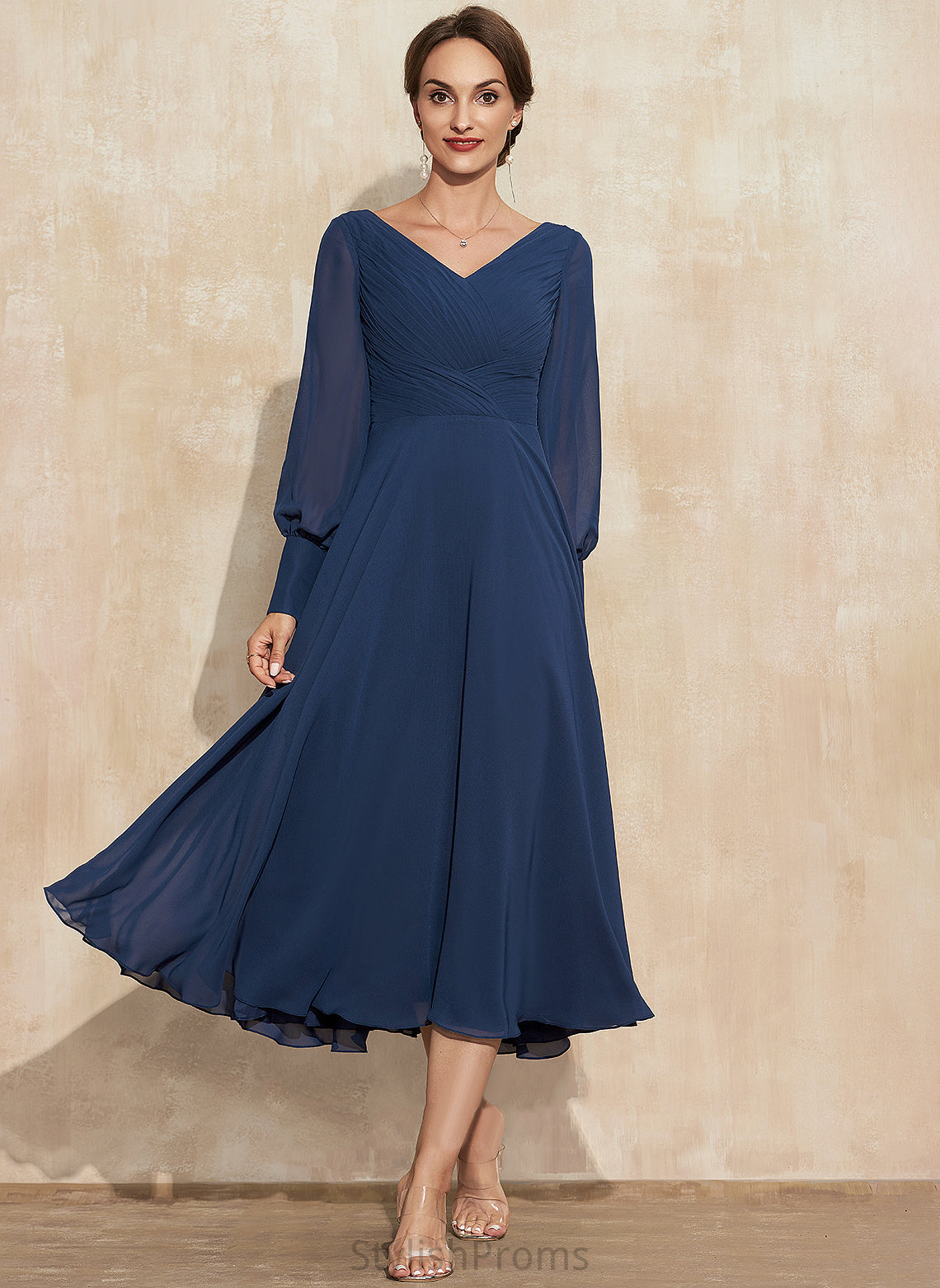 A-Line Ruffle V-neck Cocktail Chiffon Cocktail Dresses With Dress Lilianna Tea-Length