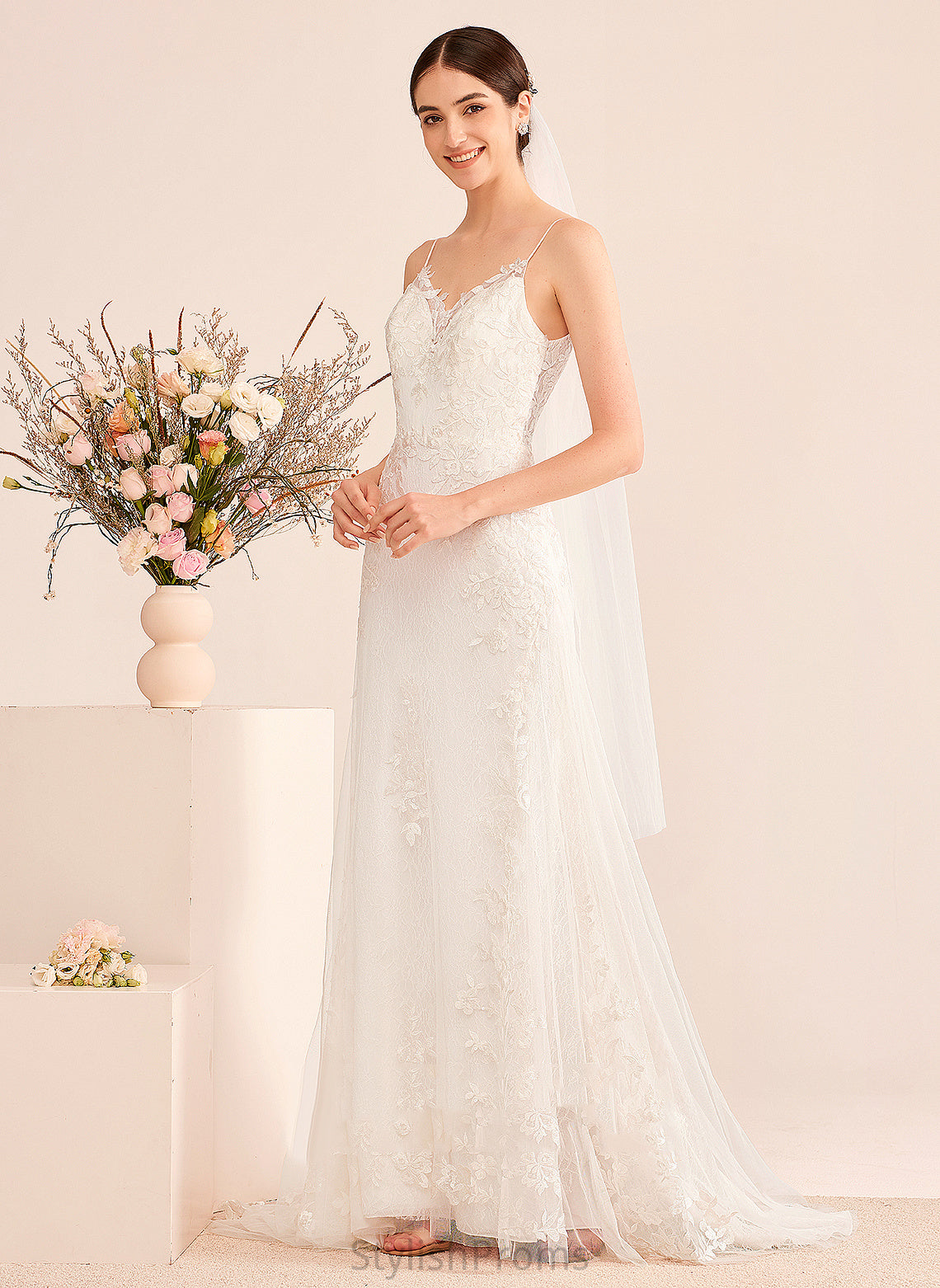 Court Dress Kira V-neck Tulle With A-Line Lace Train Wedding Sequins Wedding Dresses