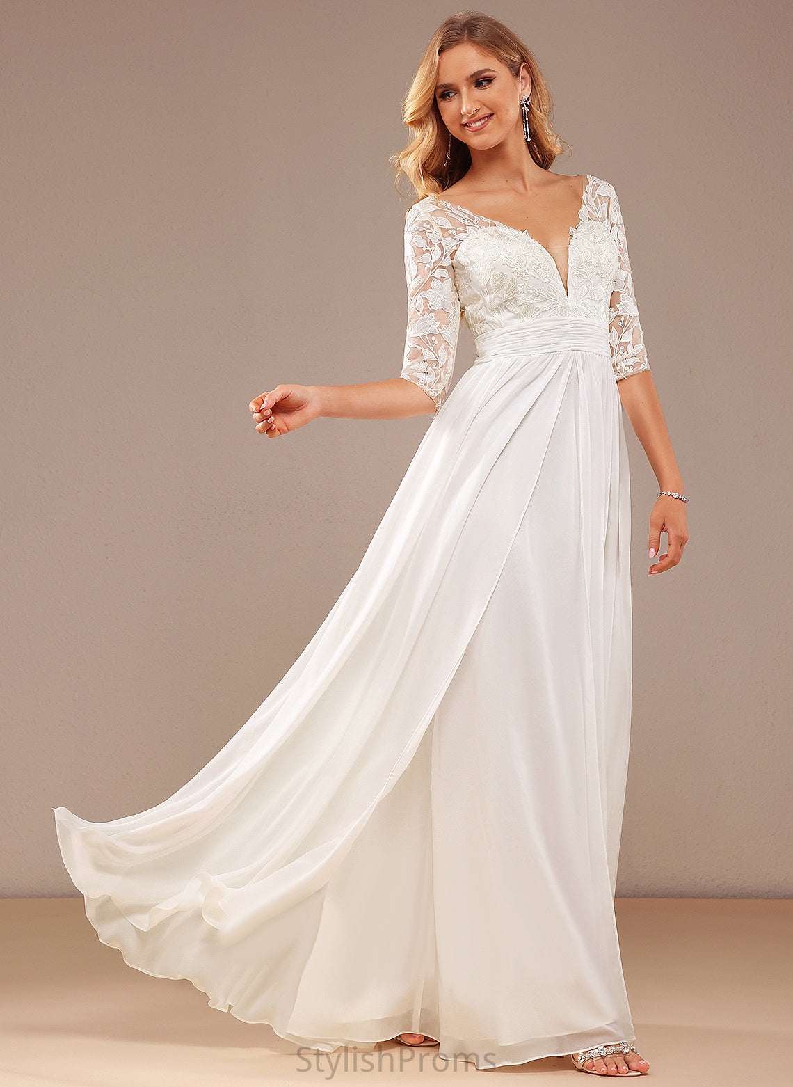 Ruffle Chiffon With Sanai A-Line V-neck Lace Wedding Sequins Wedding Dresses Floor-Length Dress Lace