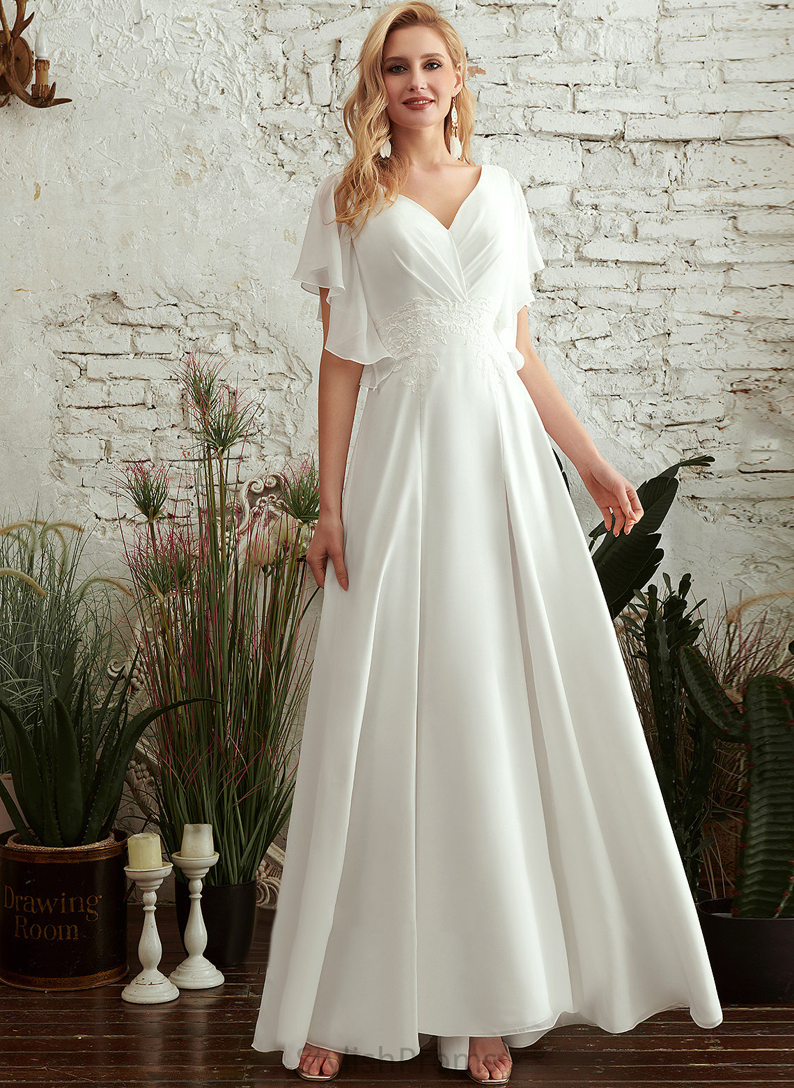 Wedding V-neck Chiffon Dress Wedding Dresses A-Line Floor-Length Kasey Lace