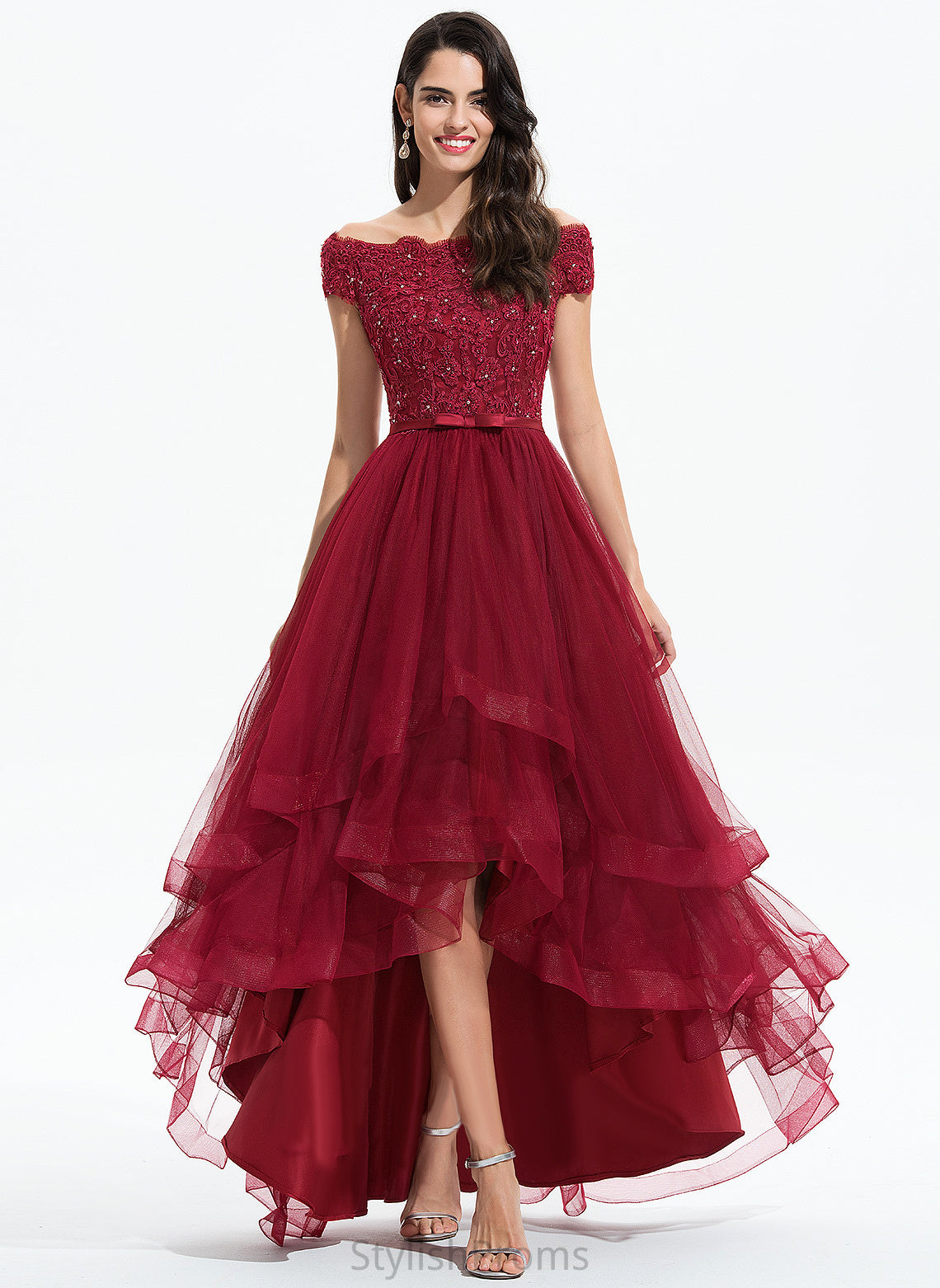 Lace Lace Paisley Asymmetrical With Beading Cocktail A-Line Cocktail Dresses Tulle Off-the-Shoulder Bow(s) Dress