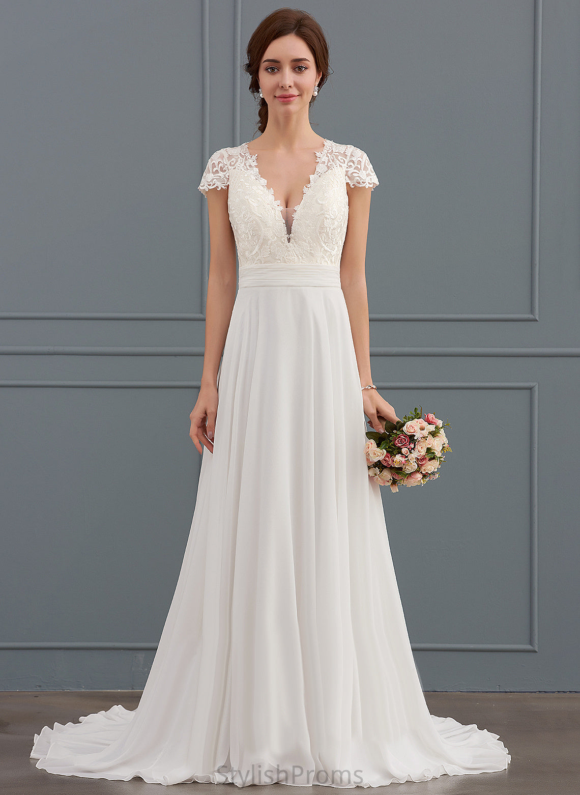 V-neck With Dress Wedding Dresses Wedding Ruffle A-Line Rosie Sweep Chiffon Lace Train