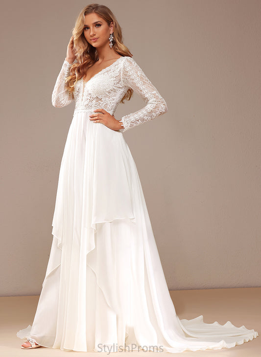 Train V-neck With Lace Wedding Chiffon Wedding Dresses A-Line Lace Dress Court Lina Ruffle