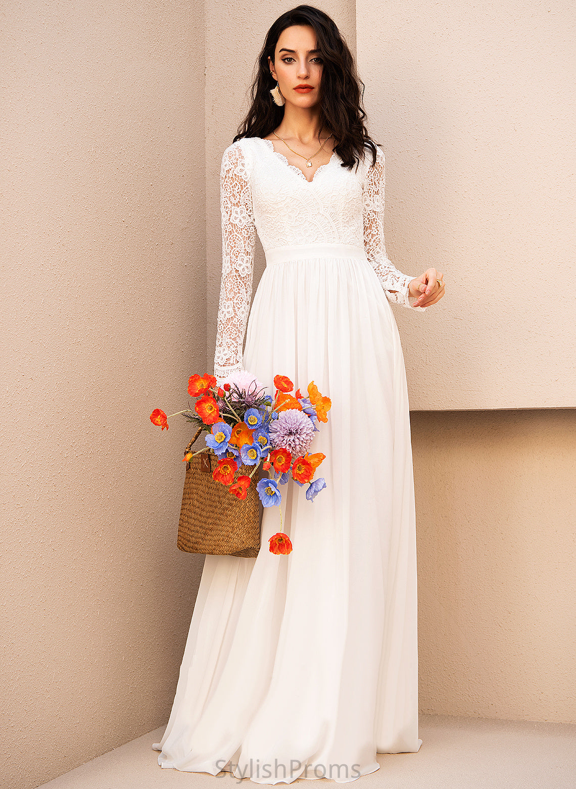 Dress Wedding Dresses Lace Chiffon A-Line Jordin Wedding Floor-Length V-neck