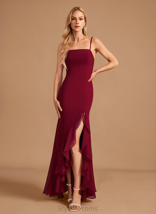 Trumpet/Mermaid Embellishment Ruffle Length Fabric SquareNeckline SplitFront Floor-Length Neckline Silhouette Yasmine Sleeveless Bridesmaid Dresses