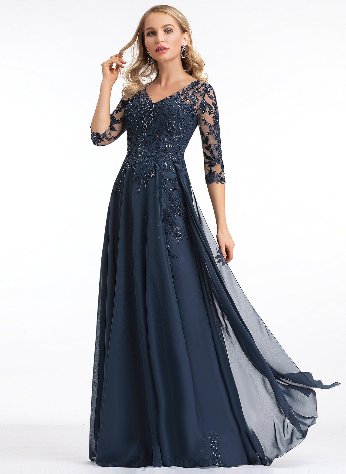 With Sequins Mckinley Floor-Length A-Line Chiffon V-neck Lace Prom Dresses