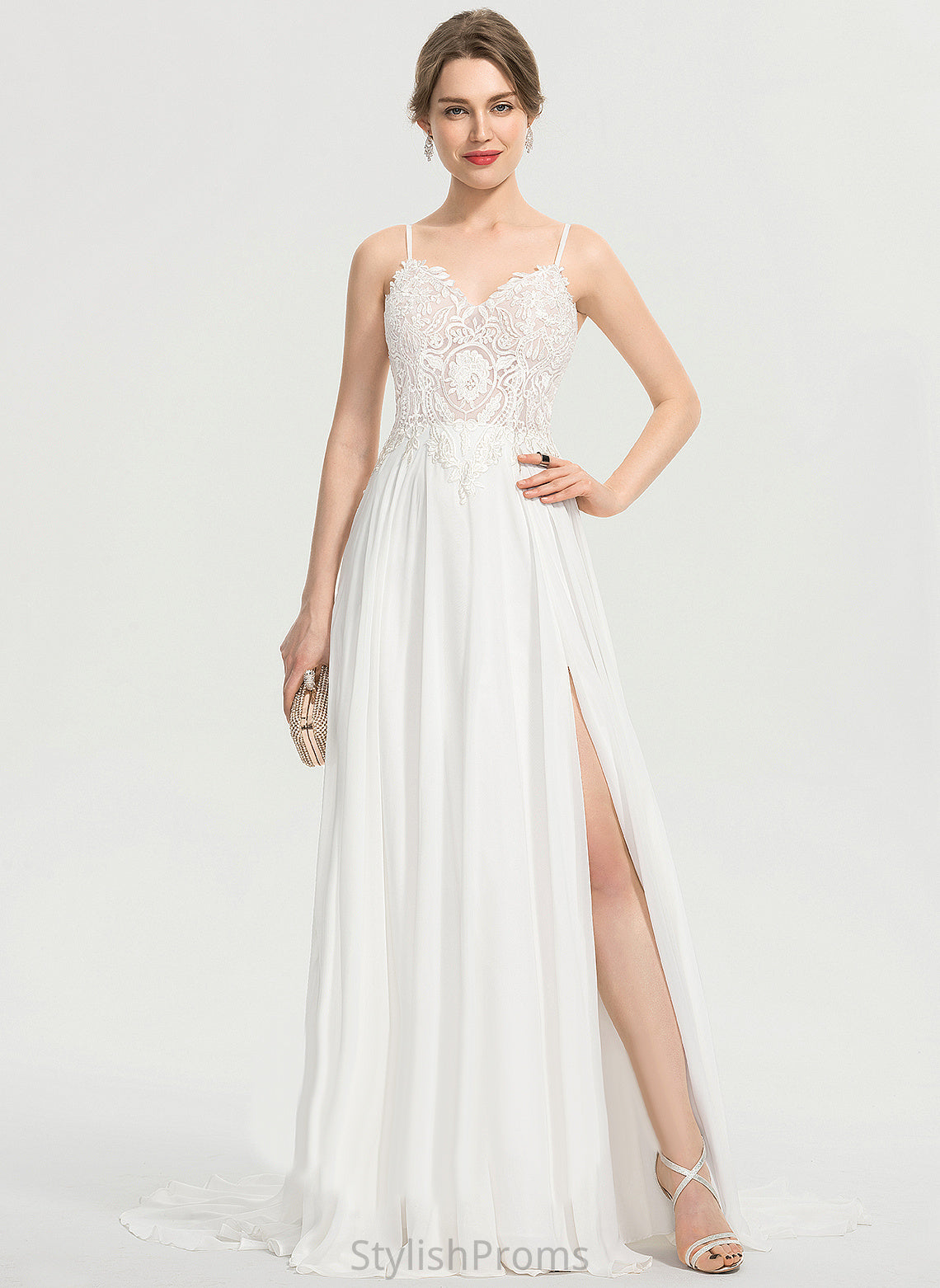 Train Wedding Chiffon Dress With Dalia Front V-neck Wedding Dresses Split A-Line Lace Sweep