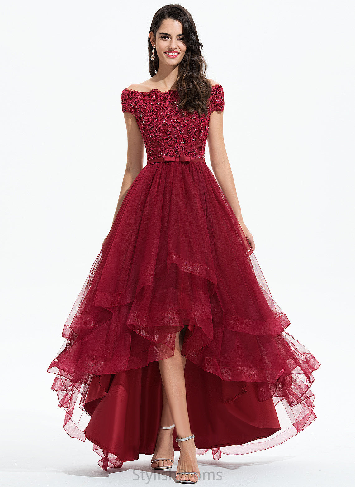 Sequins Off-the-Shoulder A-Line Dress With Wedding Asymmetrical Tulle Beading Bow(s) Wedding Dresses Jackie Lace