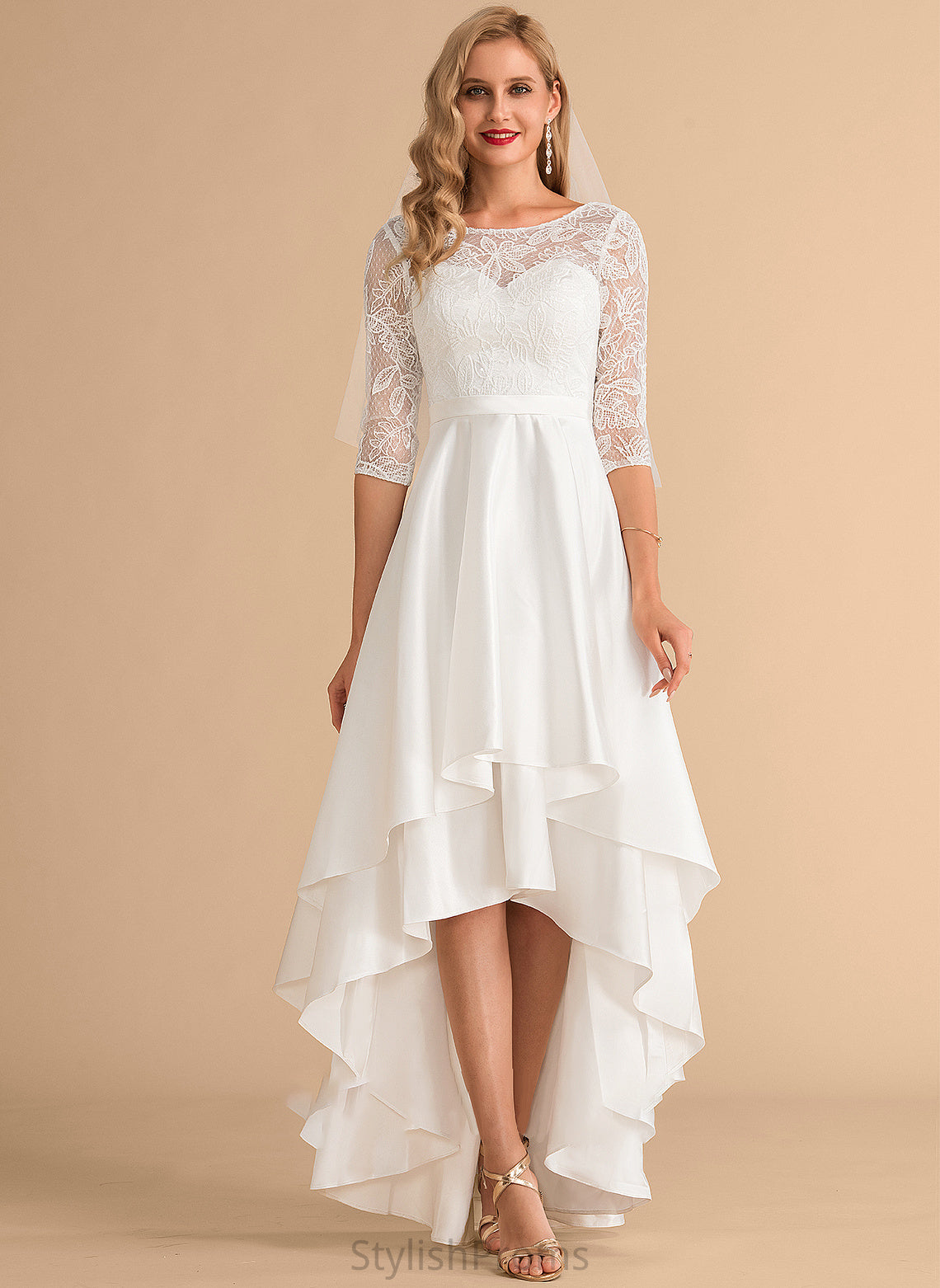 Asymmetrical Wedding Dresses Amari Wedding Neck A-Line Dress Lace Satin Scoop