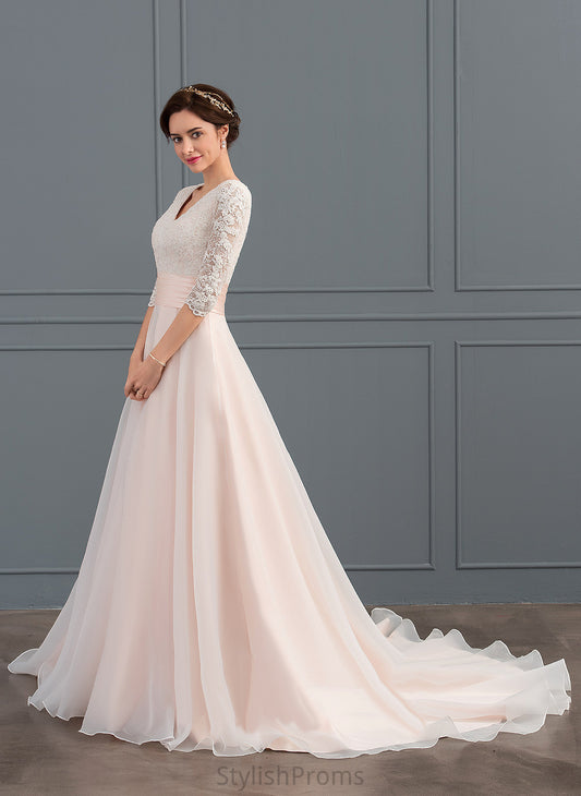 Organza Wedding Dresses Ball-Gown/Princess V-neck Mercedes Dress Wedding Ruffle Lace Court Train With