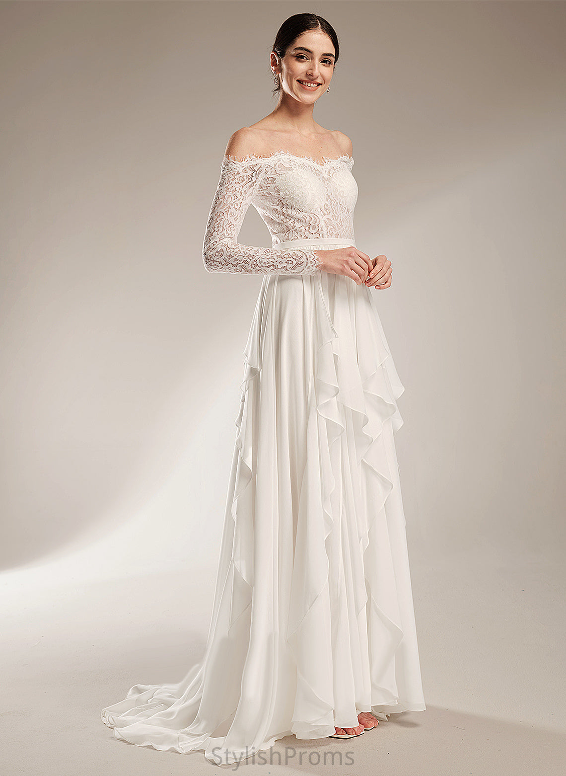 Ruffle Wedding Lace Court Off-the-Shoulder With Chiffon Train Wedding Dresses Madge Dress A-Line