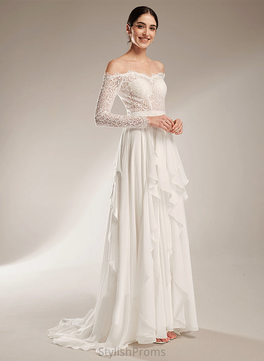 Ruffle Wedding Lace Court Off-the-Shoulder With Chiffon Train Wedding Dresses Madge Dress A-Line