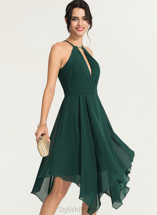 Chiffon Neck Asymmetrical Scoop Cocktail Dresses Sarah Cocktail Dress A-Line With Beading