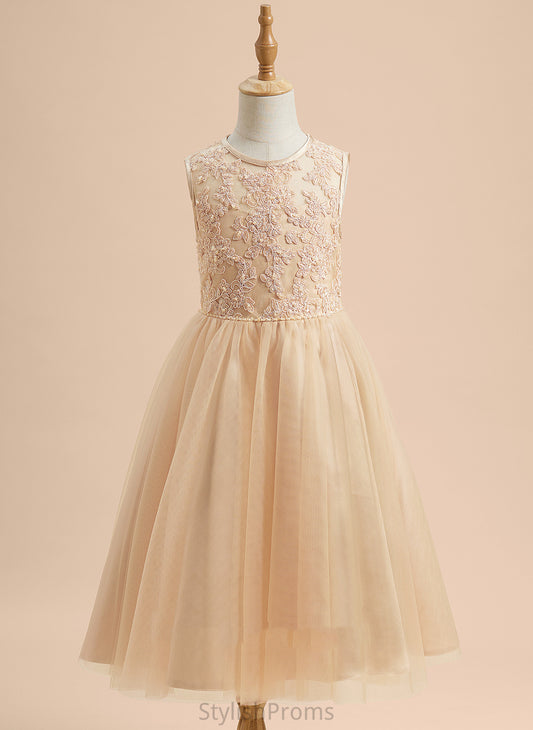 Tea-length Dress A-Line Flower Girl Dresses Scoop With - Neck Beading/Sequins Girl Flower Kiera Sleeveless Tulle/Lace