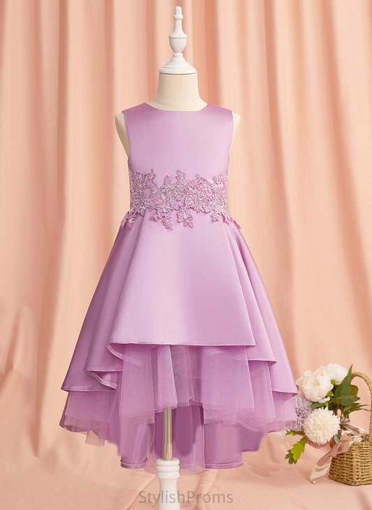 A-Line Sleeveless Dress Asymmetrical Cloe - Lace/Beading/Bow(s) Flower Girl Satin/Tulle Flower Girl Dresses Neck Scoop With