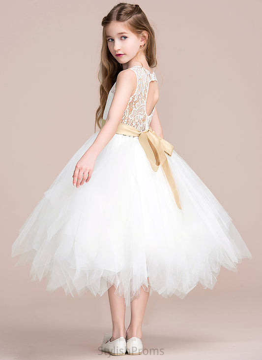 Sleeveless Tulle/Lace Dress (Detachable Scoop Maci Hole Flower Girl Dresses Flower With - sash) Sash/Back A-Line Neck Tea-length Girl