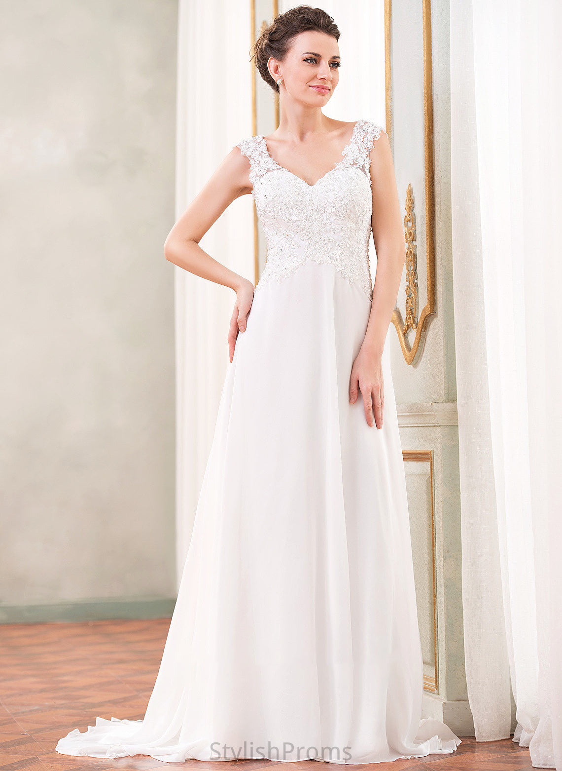 Alexandra Sequins Train Dress Wedding Beading With Lace V-neck Chiffon A-Line Wedding Dresses Sweep