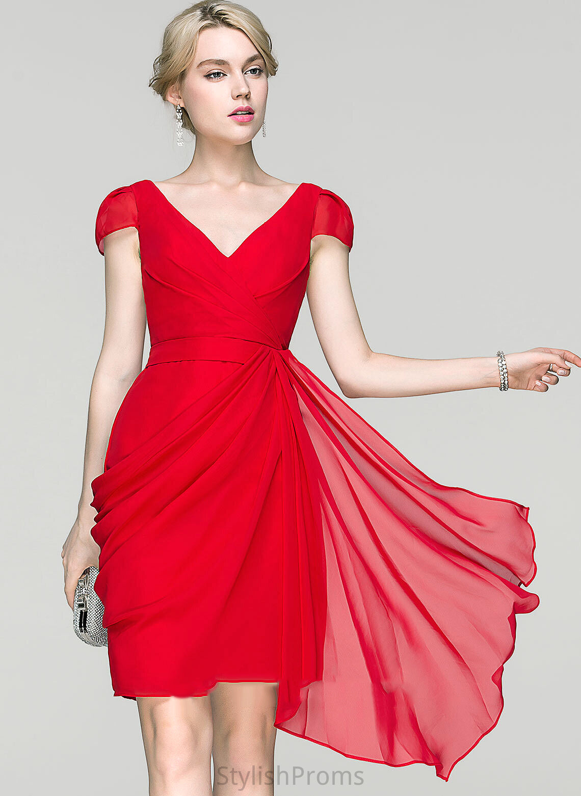 Scarlett Ruffle With Dress V-neck Sheath/Column Ruffles Cascading Knee-Length Cocktail Dresses Chiffon Cocktail