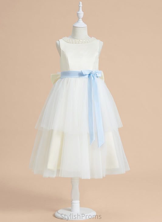 Flower A-Line Sleeveless Jan Flower Girl Dresses Tea-length Neck Sash/Beading/Bow(s) - Scoop Satin/Tulle Girl Dress With